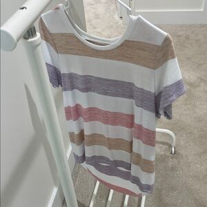 Market & Spruce White Tee with Pink, Purple, and Tan Stripes